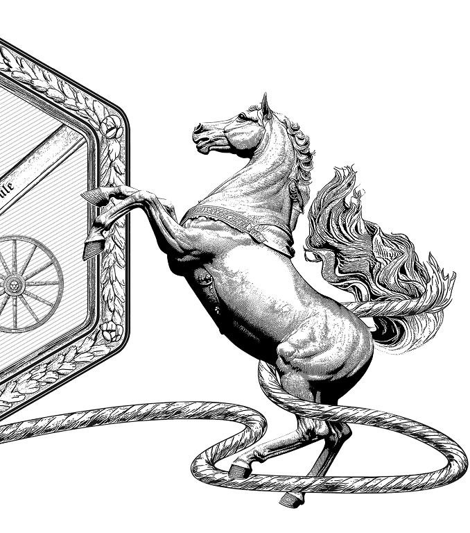 Detailed black and white illustration of a rearing horse intertwined with a coiled rope and a framed object.
